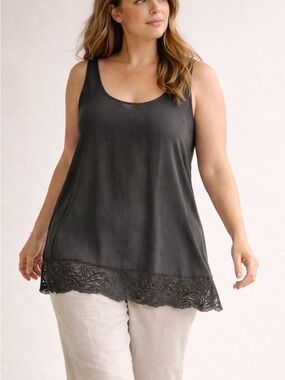 Eileen Fisher Silk Camisole XL Charcoal Gray Lace Hem Minimalist Tank